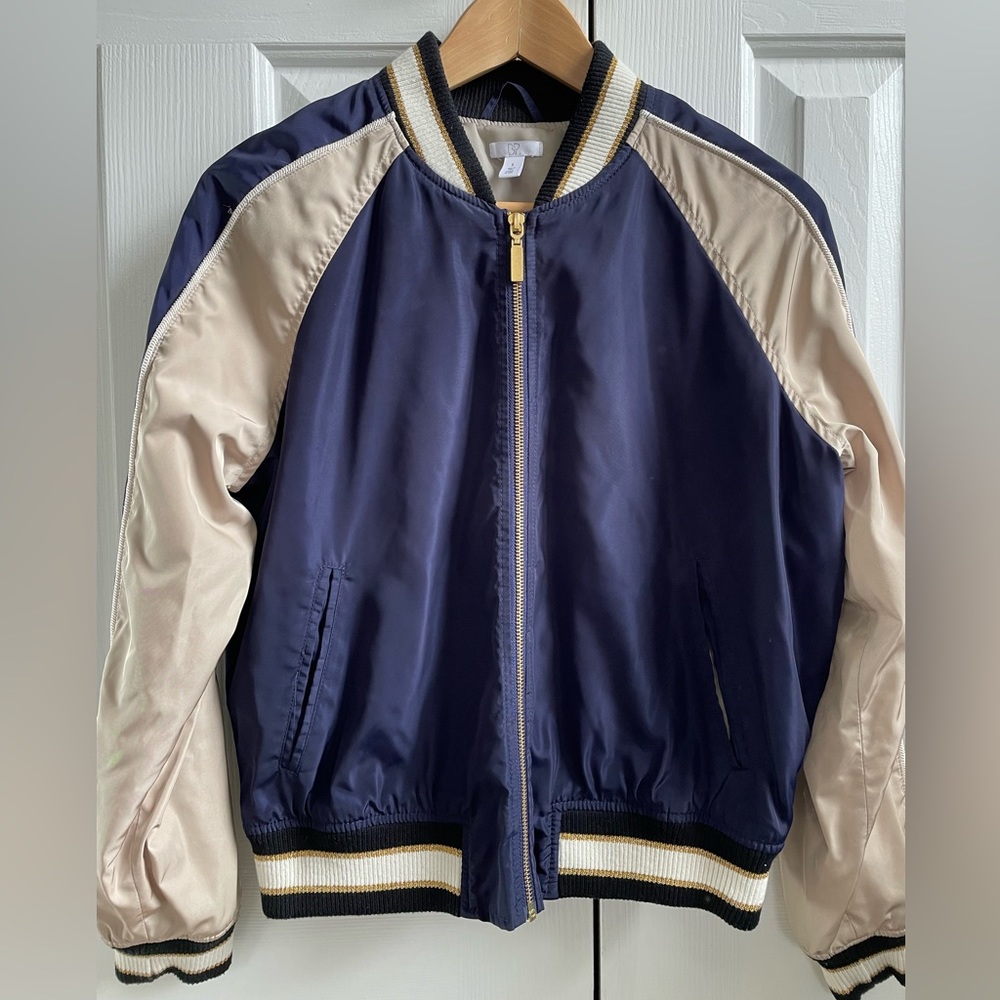 Blue and gold retro bomber jacket
